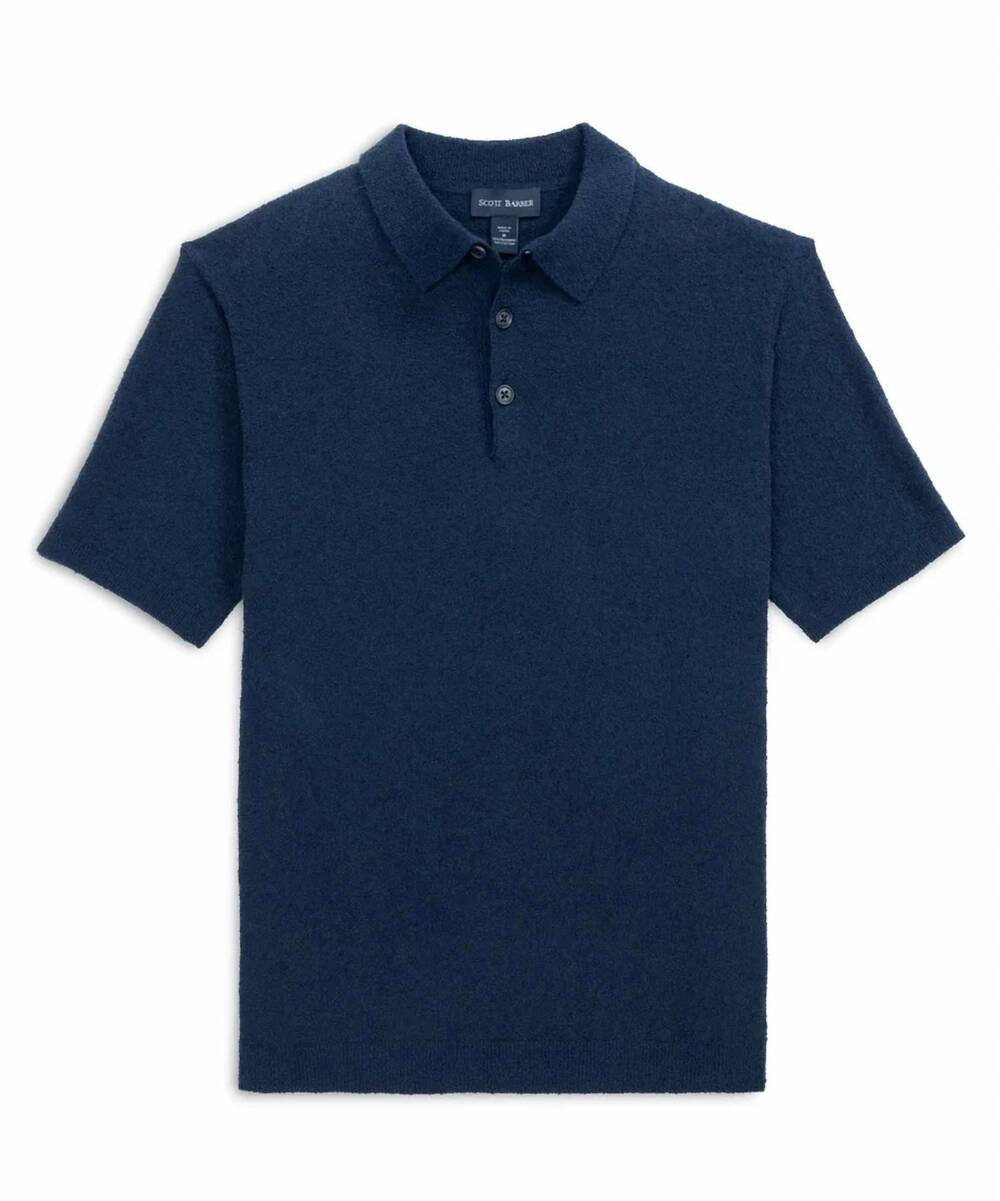 NEW SCOTT BARBER men's boucle solid polo shirt in navy